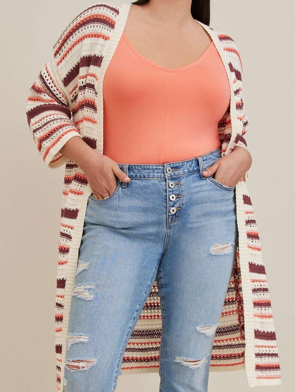 Torrid Kimono Cardigan Crochet Striped Longline Open Front White Orange 3